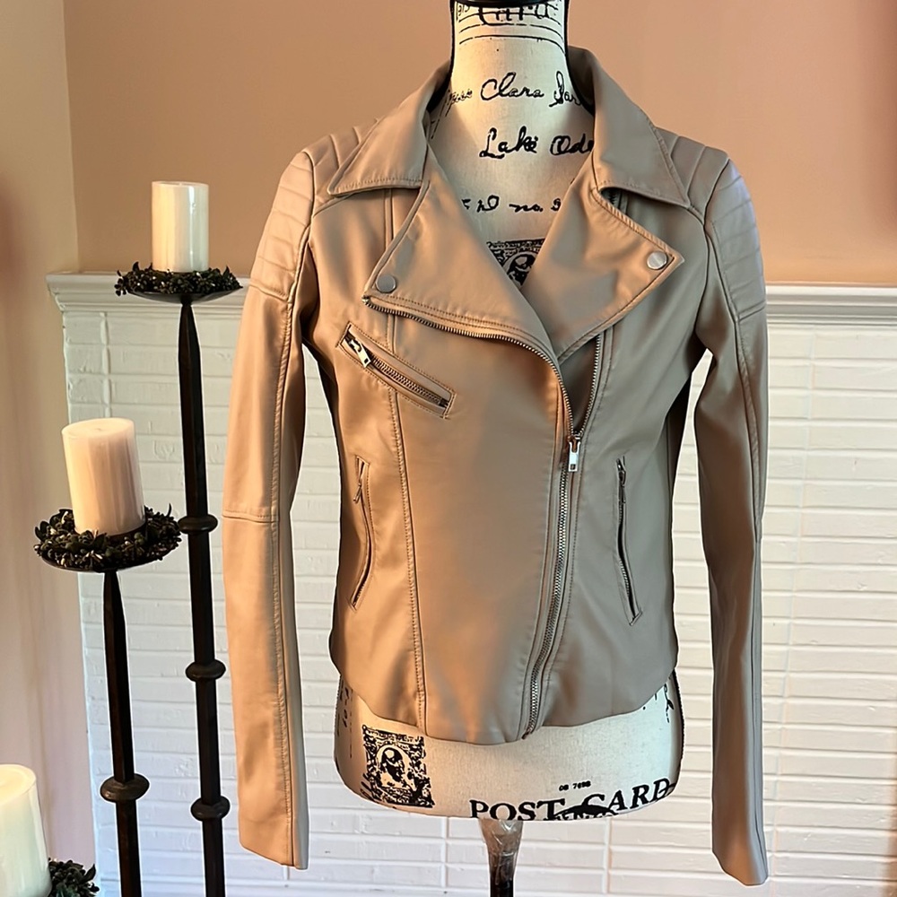 Fashion Nova Taupe Color Faux Leather Moto Jacket